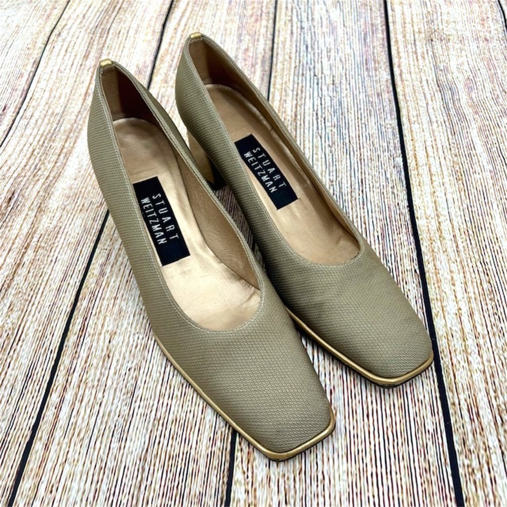 Stuart Weitzman Women's Size 6.5‎ AA Beige Canvas Square Toe Pumps and Gold Trim